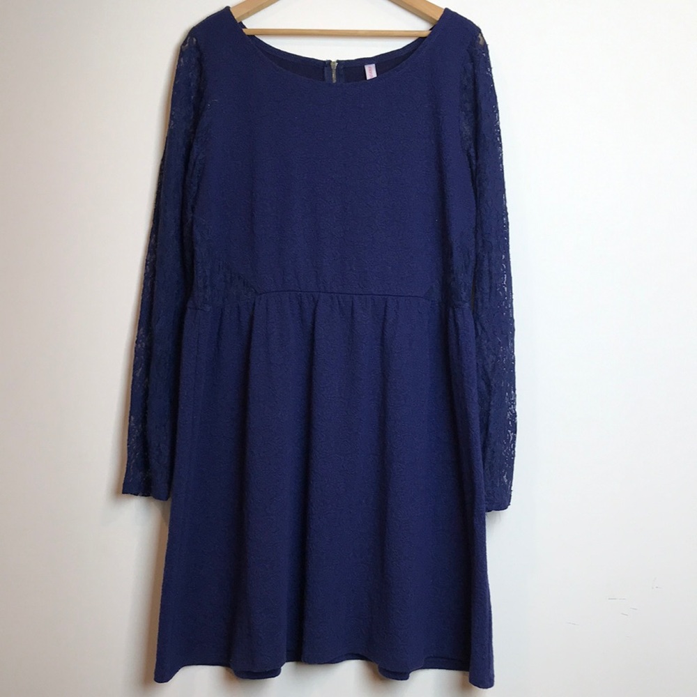 Plus Navy Blue Dress w/ Lace Sleeves & Cutaway